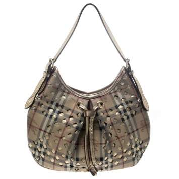 Pre Owned Burberry Beige/Gold PVC and Haymarket Check Cutout Drawstring Hobo 