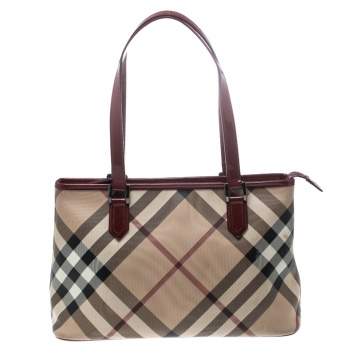 Pre Owned Burberry Beige/Red Supernova PVC and Patent Leather Small Nickie Tote