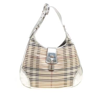 Pre Owned Burberry Silver Leather and Nova Check PVC Brooke Hobo