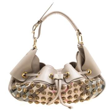 Pre Owned Burberry Beige Super Nova Check PVC and Leather Mini Warrior Studded Hobo