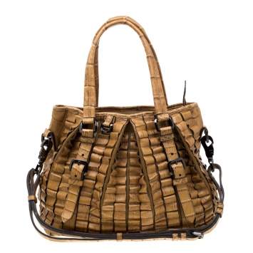 Pre Owned Burberry Brown Ruffled Crocodile Lowry Hobo