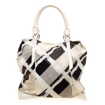 Pre Owned Burberry Off White/Beige Mega Nova Fabric and Leather Tote