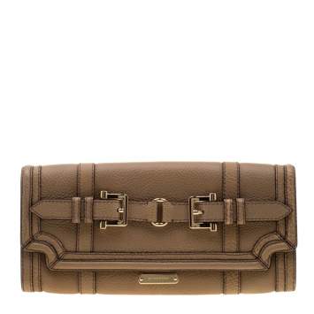 Pre Owned Burberry Beige Leather Buckle Fold Over Clutch