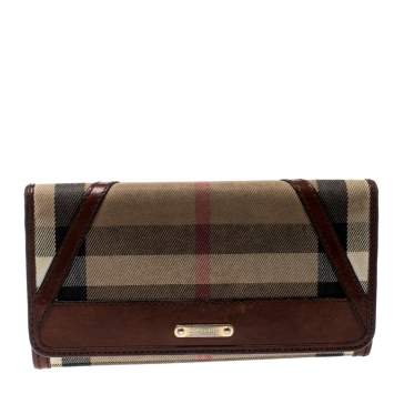 Pre Owned Burberry Beige/Brown House Check Fabric and Leather Leighton Continental Wallet