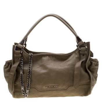 Pre Owned Burberry Khaki Leather Shoulder Bag