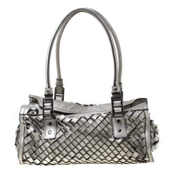 Pre Owned Burberry Metallic Grey Woven Leather Satchel