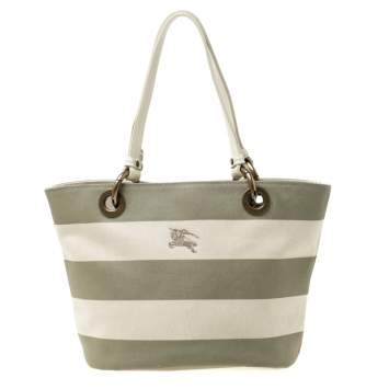 Pre Owned Burberry Blue Label Beige/Green Striped Canvas Tote