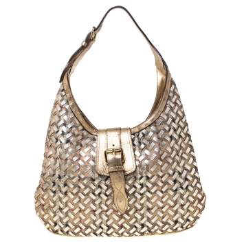 Pre Owned Burberry Gold Woven Leather Classic Check Brooke Hobo