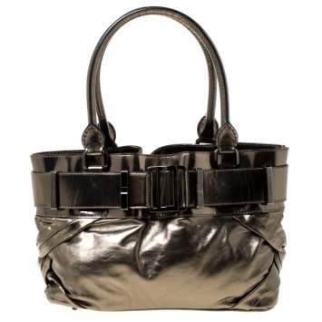 Pre Owned Burberry Metallic Antique Brass Patent Leather Tote 