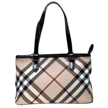 Pre Owned Burberry Beige/Black Supernova Check Coated Canvas and Patent Leather Nickie Tote 