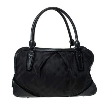 Pre Owned Burberry Black Nova Check Nylon and Leather Double Zip Satchel