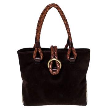 Pre Owned Burberry Brown/Beige Suede, Canvas and Leather Braided Handle Tote