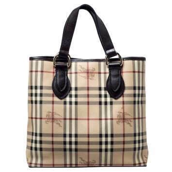 Pre Owned Burberry Beige/Brown Haymarket Check PVC and Leather Tote