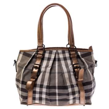 Pre Owned Burberry Grey/Brown Smoke Check Canvas and Leather Northfield Tote