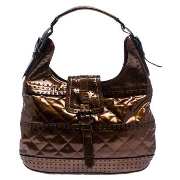 Pre Owned Burberry Bronze Quilted Patent Leather Studded Hobo
