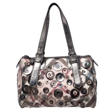 Pre Owned Burberry Beige/Metallic Nova Check Coated Canvas and Patent Leather Applique Bag