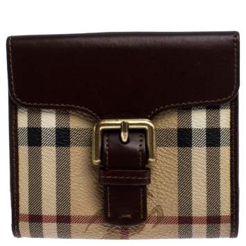 Pre Owned Burberry Brown/Beige Hymarket PVC and Leather Buckle Wallet