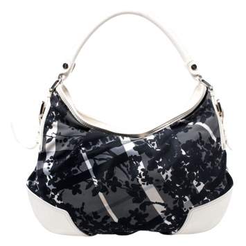 Pre Owned Burberry Black/White Beat Check Nylon and Patent Leather Hernville Hobo