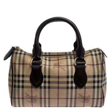 Pre Owned Burberry Brown Canvas Leather Horse Ferry Check Boston Bag
