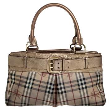 Pre Owned Burberry Beige/Gold Haymarket Check Coated Canvas and Leather Bridle Tote