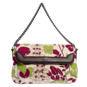 Pre Owned Burberry Multicolor Floral Print Canvas and Leather Flap Shoulder Bag