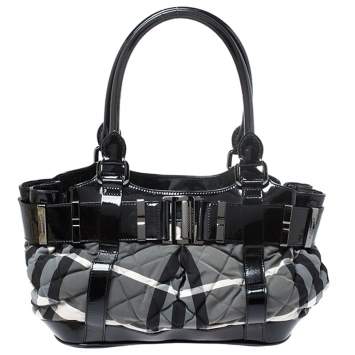 Pre Owned Burberry Black/Grey Beat Check Nylon and Patent Leather Small Healy Tote