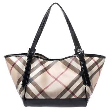 Pre Owned Burberry Beige/Black PVC and Patent Leather Nova Check Tote