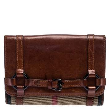Pre Owned Burberry Brown/Beige House Check Canvas and Leather Buckle Flap Wallet