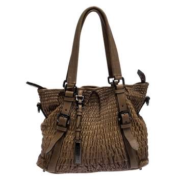 Pre Owned Burberry Brown Pleated Leather Lowry Tote