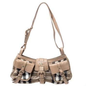 Pre Owned Burberry Beige Haymarket Check Canvas and Leather Double Buckle Pocket Shoulder Bag