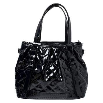 Pre Owned Burberry Black Quilted Patent Leather Studded Lowry Tote