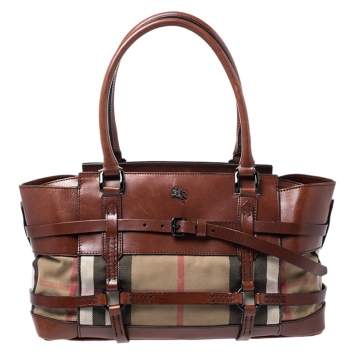 Pre Owned Burberry Brown Leather Bridle House Check Canvas Satchel