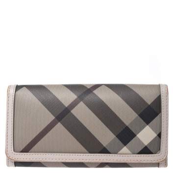 Pre Owned Burberry Grey Smoke Check PVC and Leather Flap Continental Wallet
