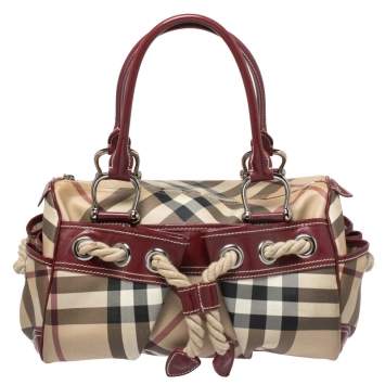 Pre Owned Burberry Beige/Red Nova Check Canvas and Leather Nautical Satchel
