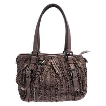 Pre Owned Burberry Old Rose Ruffled Leather Lowry Hobo