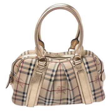Pre Owned Burberry Gold/Beige Haymarket Check Coated Canvas Ashbury Satchel