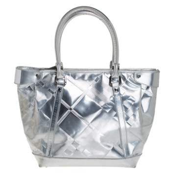 Pre Owned Burberry Silver Beat Check Patent Leather Ember Tote 