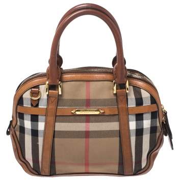 Pre Owned Burberry Beige/Brown House Check Fabric and Leather Orchard Bowler Bag
