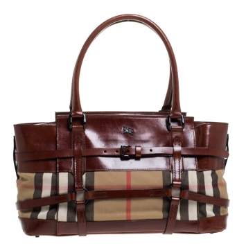 Pre Owned Burberry Brown Leather House Check Bridle Satchel