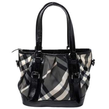 Pre Owned Burberry Grey/Black Beat Check Nylon and Patent Leather Lowry Tote