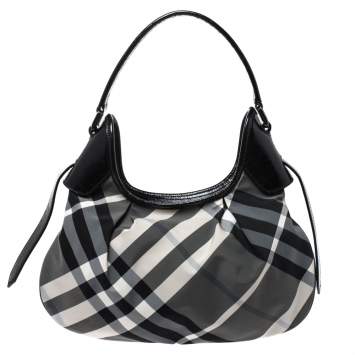 Pre Owned Burberry Grey/Black Beat Check Nylon and Patent Leather Small Brooklyn Hobo