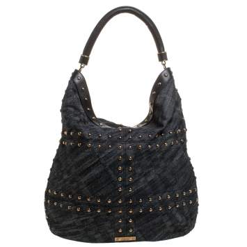 Pre Owned Burberry Black Denim and Leather Studded Large Hobo