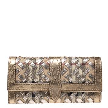 Pre Owned Burberry Beige/Gold Haymarket Check Coated Canvas and Leather Continental Wallet