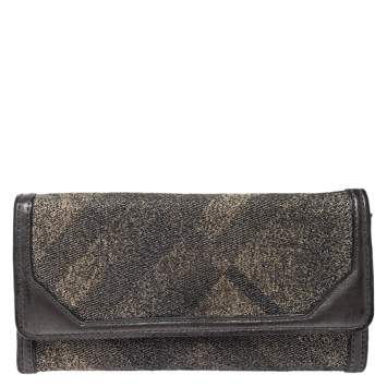 Pre Owned Burberry Metallic Grey Smoke Check Canvas and Leather Flap Continental Wallet