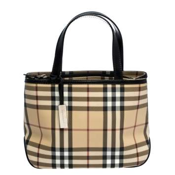 Pre Owned Burberry Beige/Black Nova Check PVC and Patent Leather Tote