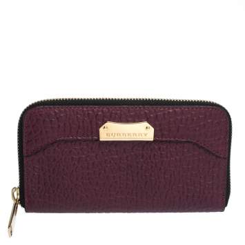 Pre Owned Burberry Purple Leather Zip Around Wallet