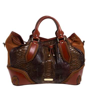 Pre Owned Burberry Brown Python, Leather and Suede Drawstring Shoulder Bag