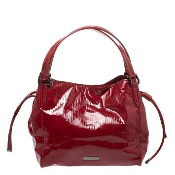 Pre Owned Burberry Red Patent Leather Medium Bilmore Tote