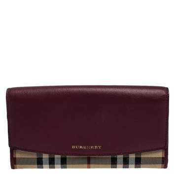 Pre Owned Burberry Burgundy/Beige House Check Canvas and Leather Continental Wallet