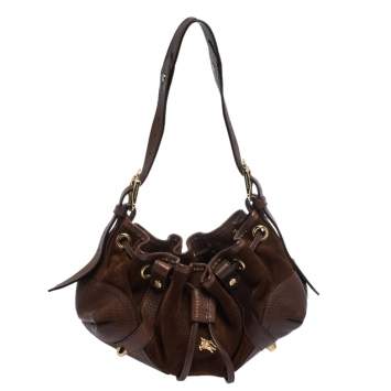 Pre Owned Burberry Brown Suede and Leather Drawstring Hobo